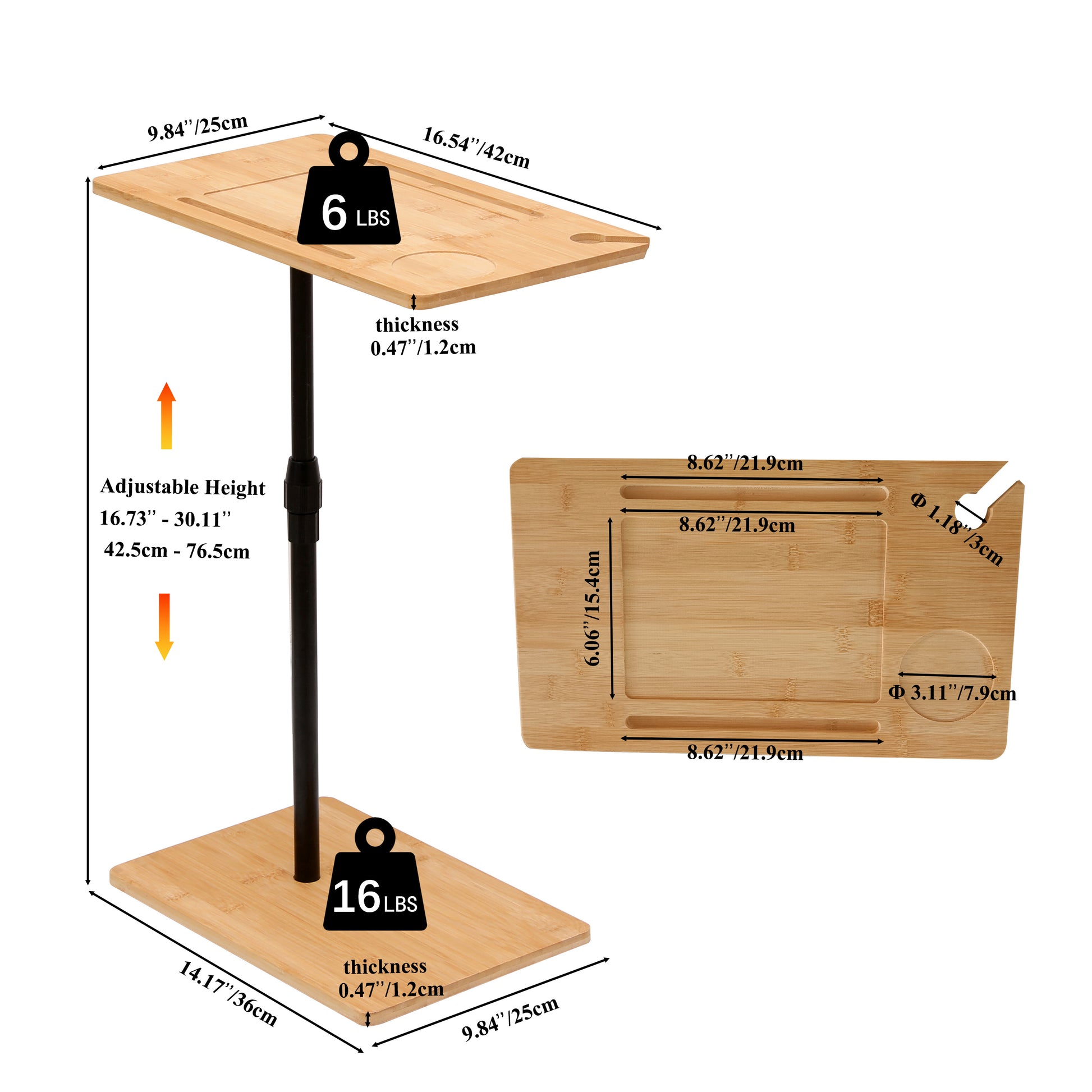 Bamboo Couch Tray Table Height Adjustable C-Shaped End Table with Slots 2 Tier Sofa Side Table for Living Room & Bedroom (Rectangle + Rectangle) image 4