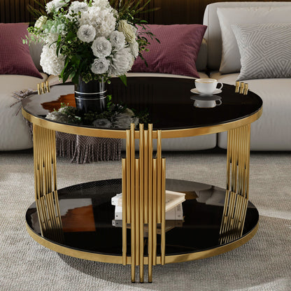 Modern Black Mirror Coffee Table, Asymmetrical Metal, Circular Metal Drum Base, Gold Finish & Lower Shelf image 1