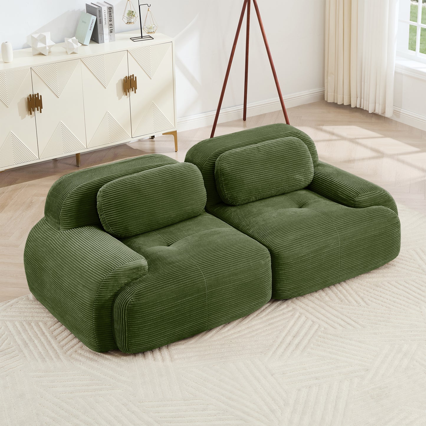 82'' loveseat sofa in luxuryCorduroy Fabric modular for free combo separation curved armrests,anti-slip design high-resilience sponge fits living rooms bedrooms Audiovisual Room,Olive green image 1
