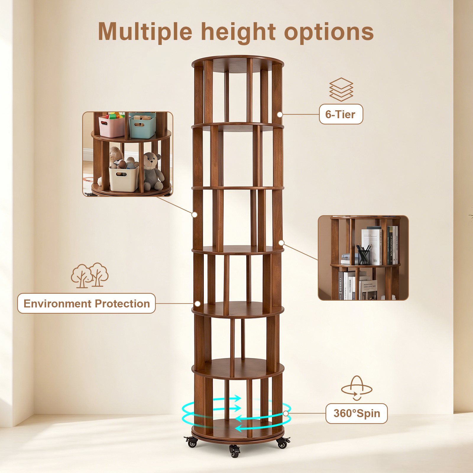 6 Tier Rotating Bookshelf, Solid Wood Rotating Bookshelf Tower with Wheels, 360° Display Round Spinning Bookshelf for Small Spaces, Corner, Bedroom, Living Room, Home, Office, Walnut image 9