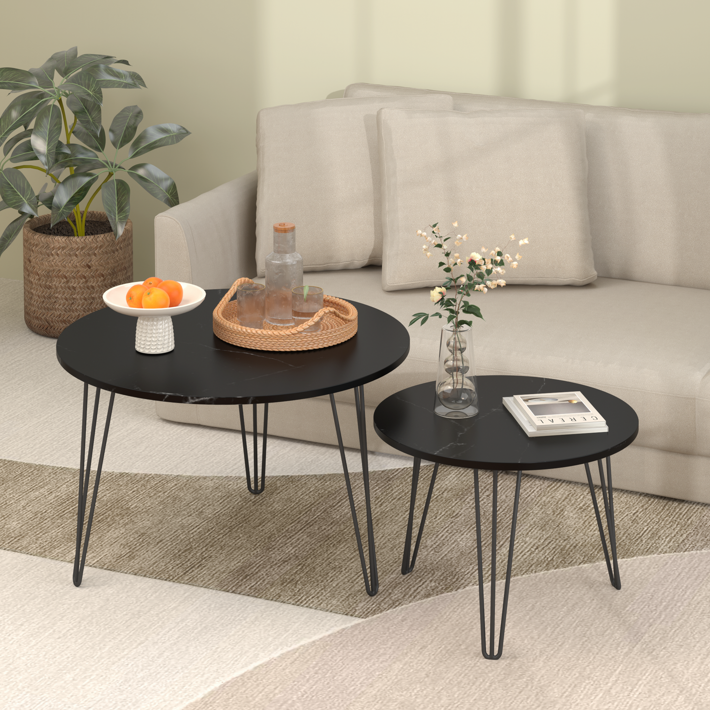 27.56'' Round Nesting Coffee Table Set of 2, Circular Nesting End Table Set, Round Marble Tabletop, and Sturdy Metal Base for Living Room, bedroom, Black image 9