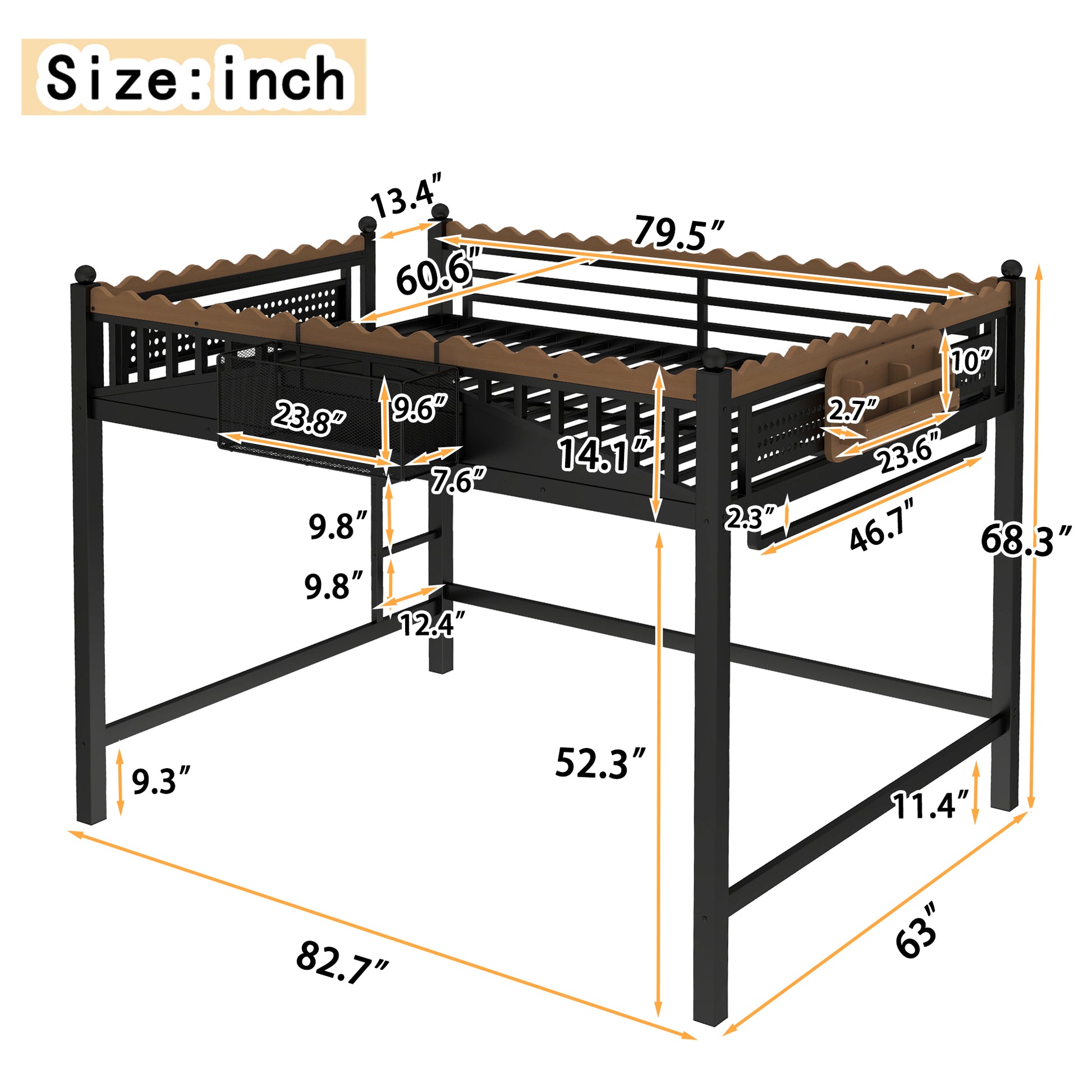 Queen Size Loft Bed with Ladders, Metal Loft Bed with Storage Shelves and bookshelf, No Box Spring Needed and Chic Design, Black image 4