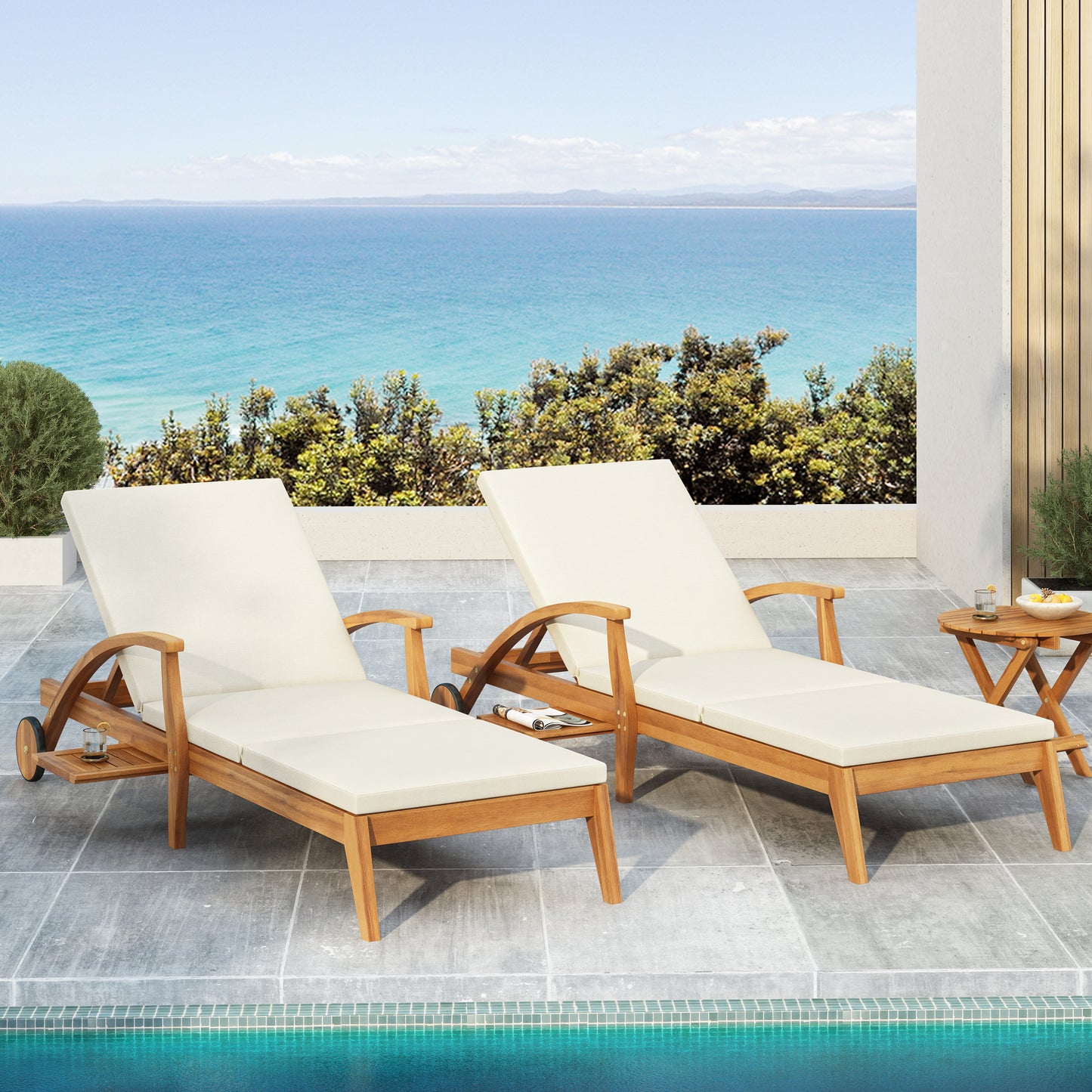 OUTDOOR RECLINER SIDE TABLE SET - COMES WITH 2 INCH CUSHION AND ADJUSTABLE BACKREST CHAISE LOUNGE WITH WHEEL & FOLDABLE AND ADJUSTABLE ACACIA WOOD SIDE TABLE FOR POOLSIDE PORCH image 6
