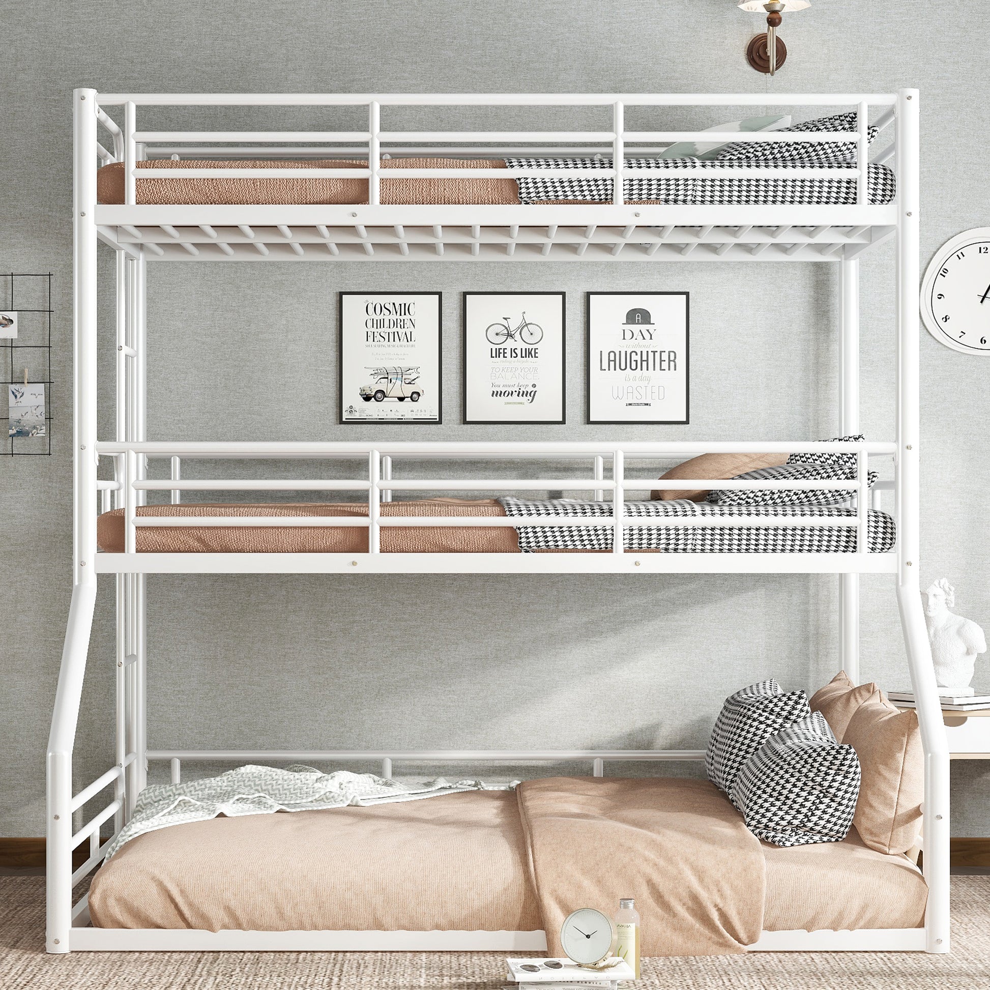 Twin over Twin over Full Bunk Bed, Metal Triple Bunk Bed with Safety Guardrails, Heavy-duty Bunk Bed with Noise-reduced Design, White image 2
