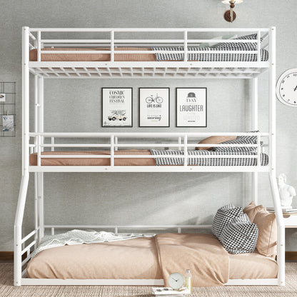 Twin over Twin over Full Bunk Bed, Metal Triple Bunk Bed with Safety Guardrails, Heavy-duty Bunk Bed with Noise-reduced Design, White image 2