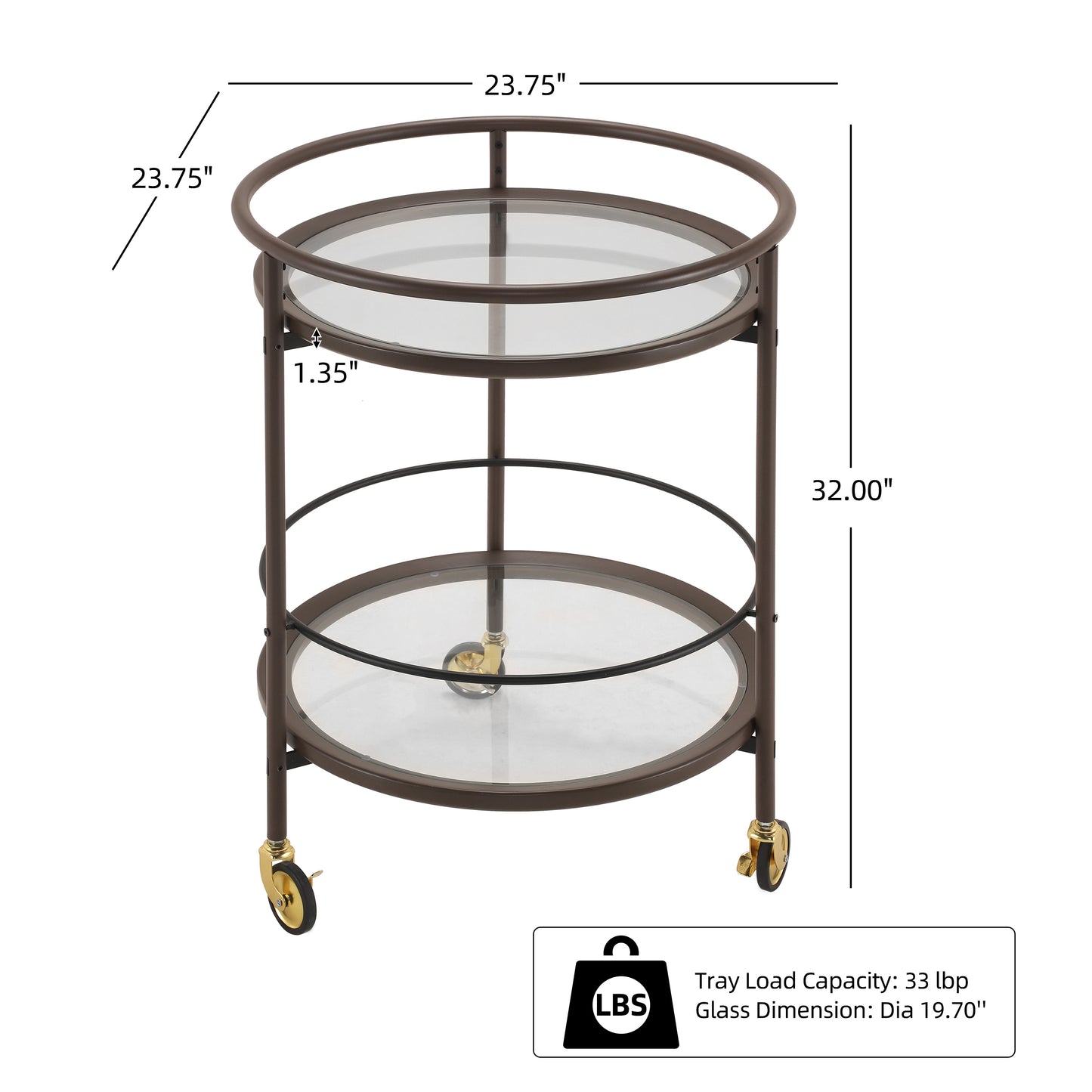 Modern Coffee Brown Round Bar Cart with Tempered Glass Shelves and Gold Locking Casters image 5