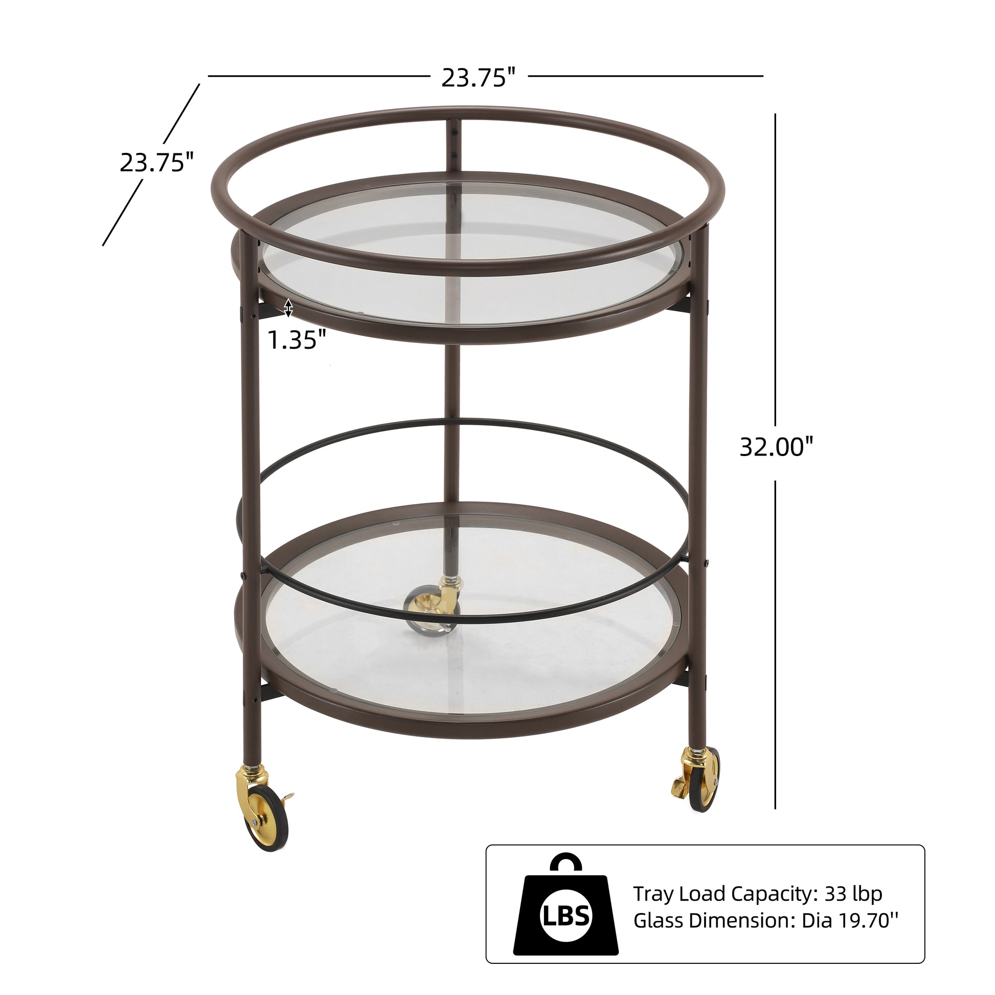 Modern Coffee Brown Round Bar Cart with Tempered Glass Shelves and Gold Locking Casters image 5