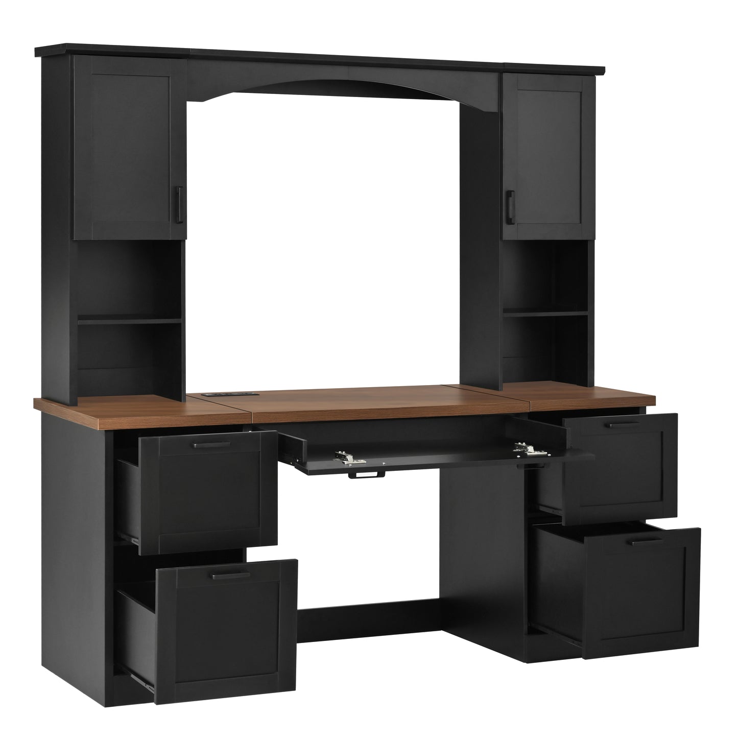 ON-TREND Farmhouse Arched Computer Desk with Hutch, Mid-Century Walnut Home Office Workstation with Charging Station & Keyboard Tray, All-in-One Writing Desk with File Drawer for Study, Office, Black image 10