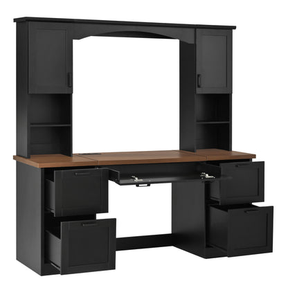 ON-TREND Farmhouse Arched Computer Desk with Hutch, Mid-Century Walnut Home Office Workstation with Charging Station & Keyboard Tray, All-in-One Writing Desk with File Drawer for Study, Office, Black image 10