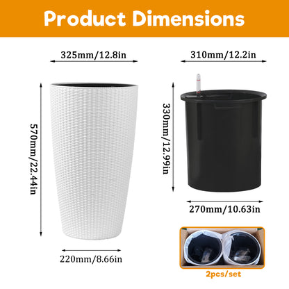 Set of 2 Faux Rattan Tall Planters Outdoor Indoor Large Planters with Water Level Monitor Inner Bucket, Automatic Watering, Flower Plant Pots for Garden, Patio, Porch, Backyard (White, 22 inch) image 6