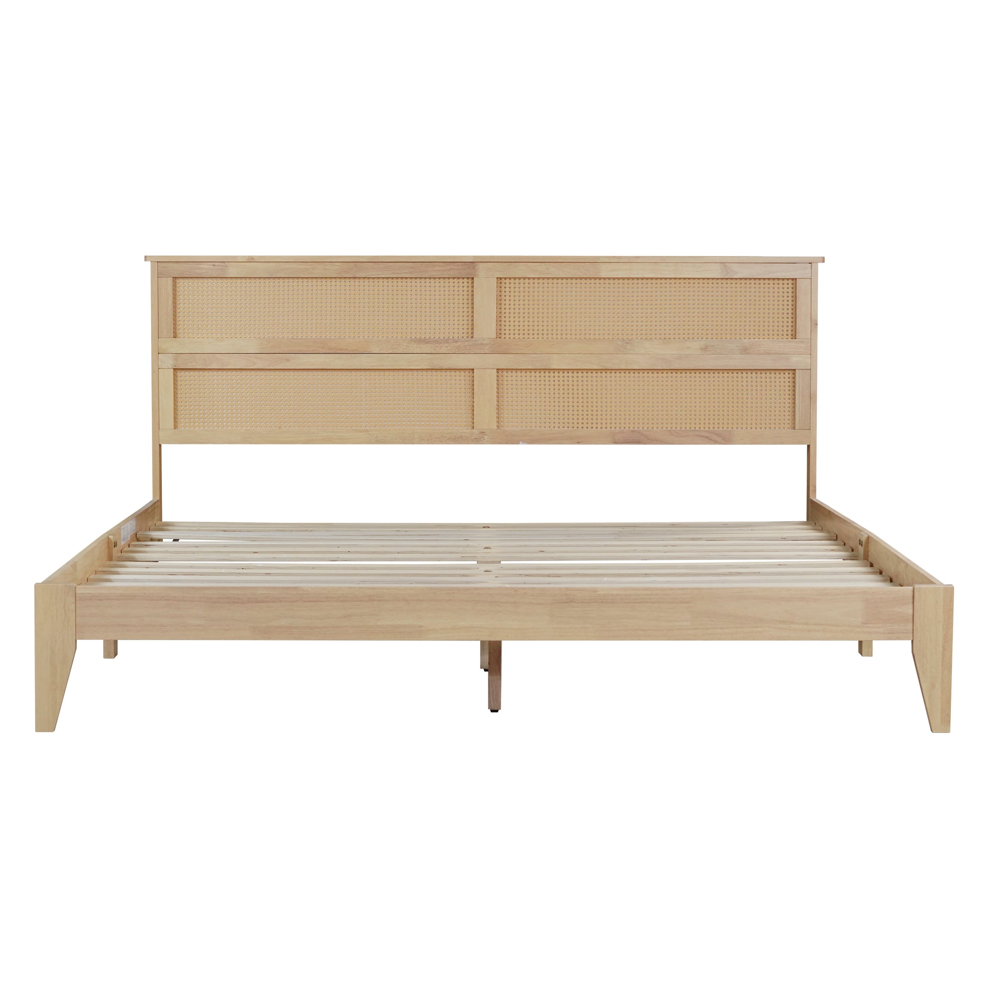 King Size Solid Wood Bed with Rattan Headboard, Rubber Wood Bed with Central Support Beams and Enhanced Feet,Natural image 4