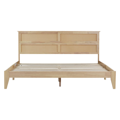 King Size Solid Wood Bed with Rattan Headboard, Rubber Wood Bed with Central Support Beams and Enhanced Feet,Natural image 4