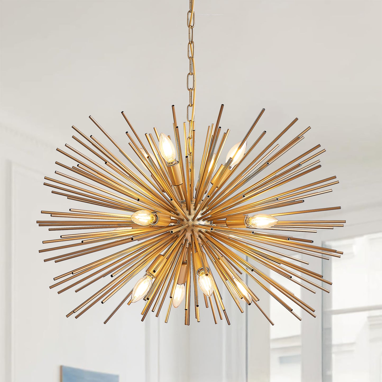 29" Mid-Century Modern 12-Light Starburst Chandelier – Gold Sputnik Pendant Light Fixture for Living Room, Dining Room, or Foyer (Bulb Not Included) image 1