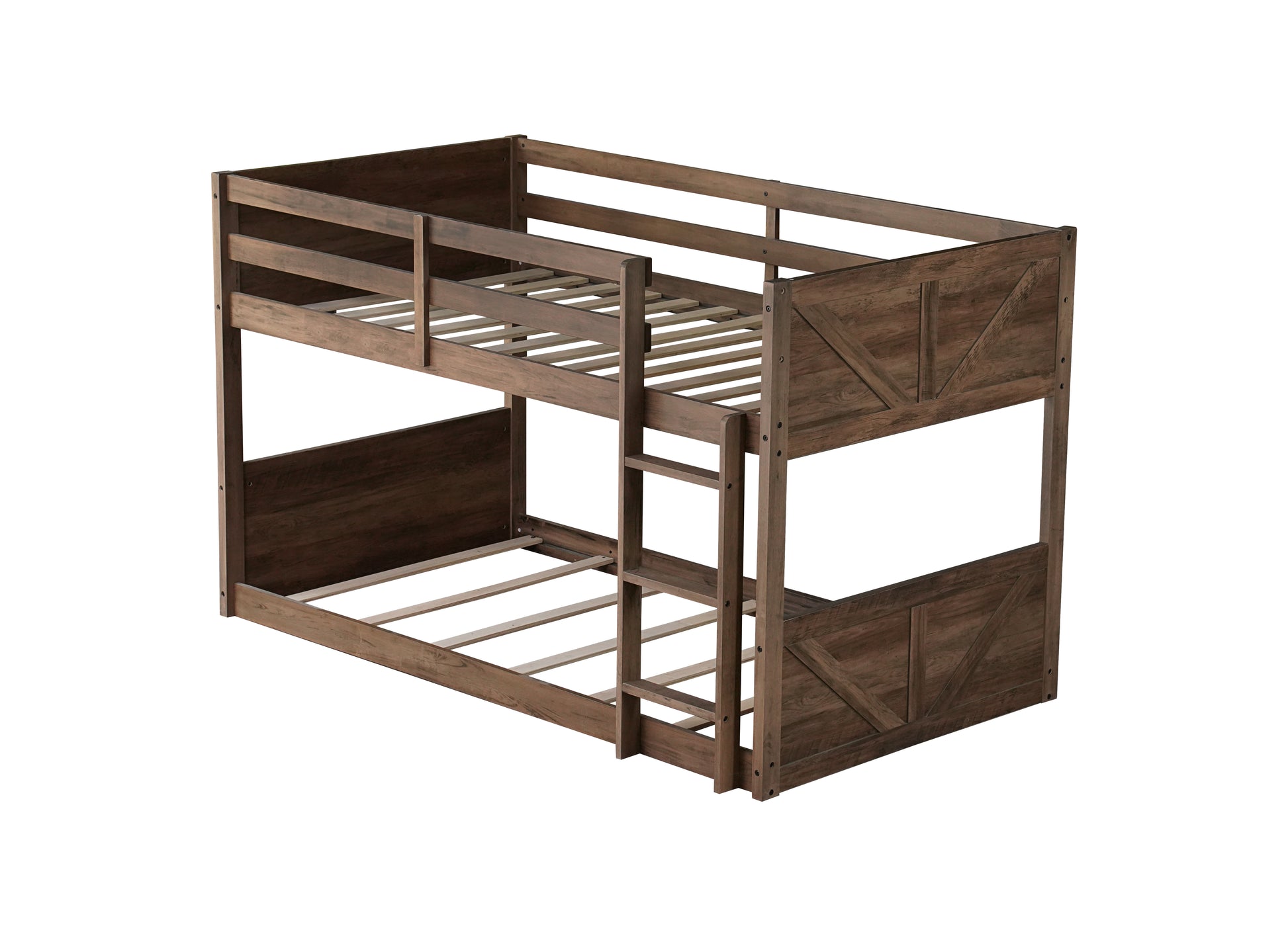 Twin over Twin Floor Bunk Bed with Panelled Headboard and Footboard, Solid Rubber Wood Foundation with Safety Guardrails, Built-in ladder,Antique Oak(Old Sku W504P263818) image 7