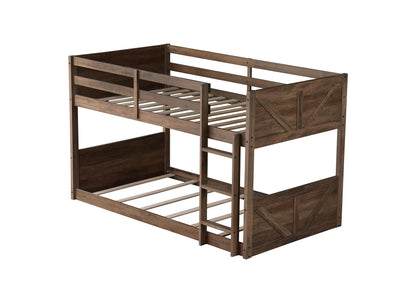 Twin over Twin Floor Bunk Bed with Panelled Headboard and Footboard, Solid Rubber Wood Foundation with Safety Guardrails, Built-in ladder,Antique Oak(Old Sku W504P263818) image 7