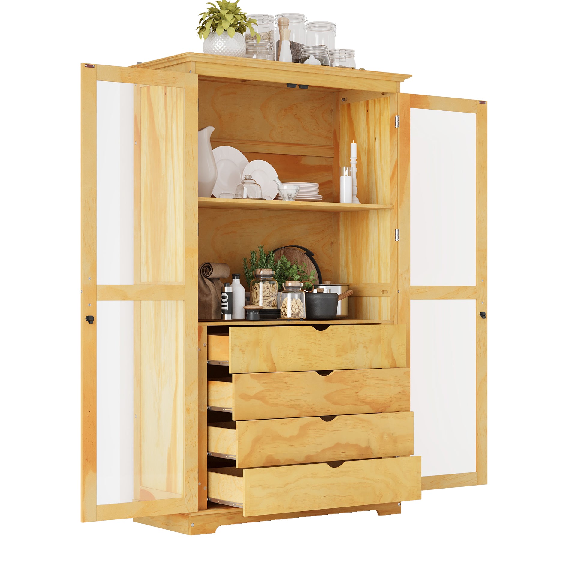 TOPMAX 44.7x20x75inch Kitchen Pantry, Freestanding Kitchen Storage Cabinet Display Cabinet with Glass Doors and 4 Built-in Drawers for Living Room, Home Office, Natural image 12