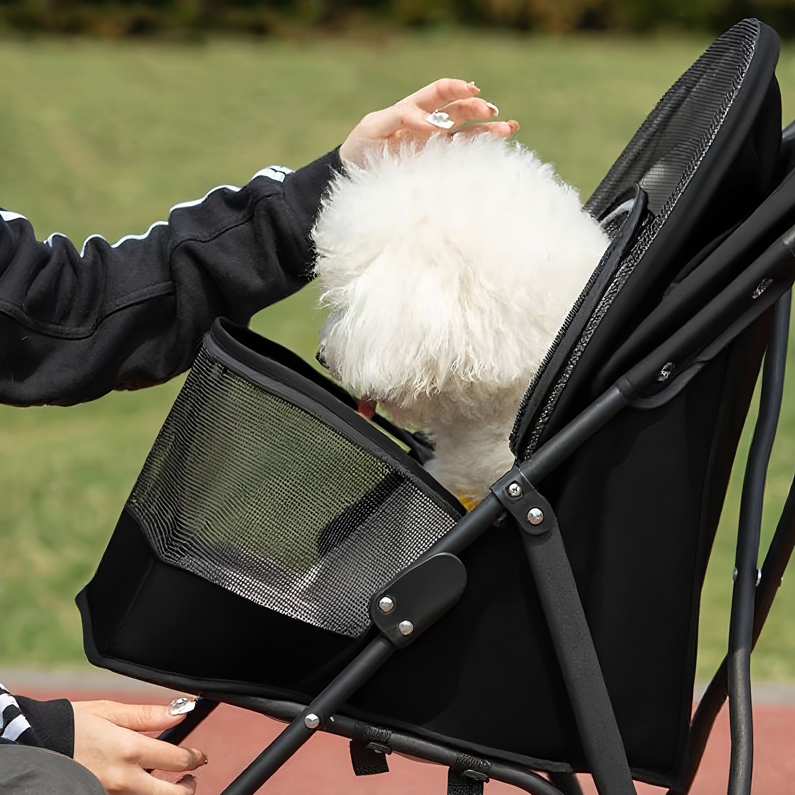 Pet Stroller for Small Dogs Cats with Mesh Ventilation, Lightweight Foldable Design, Cup Holder, Black image 7