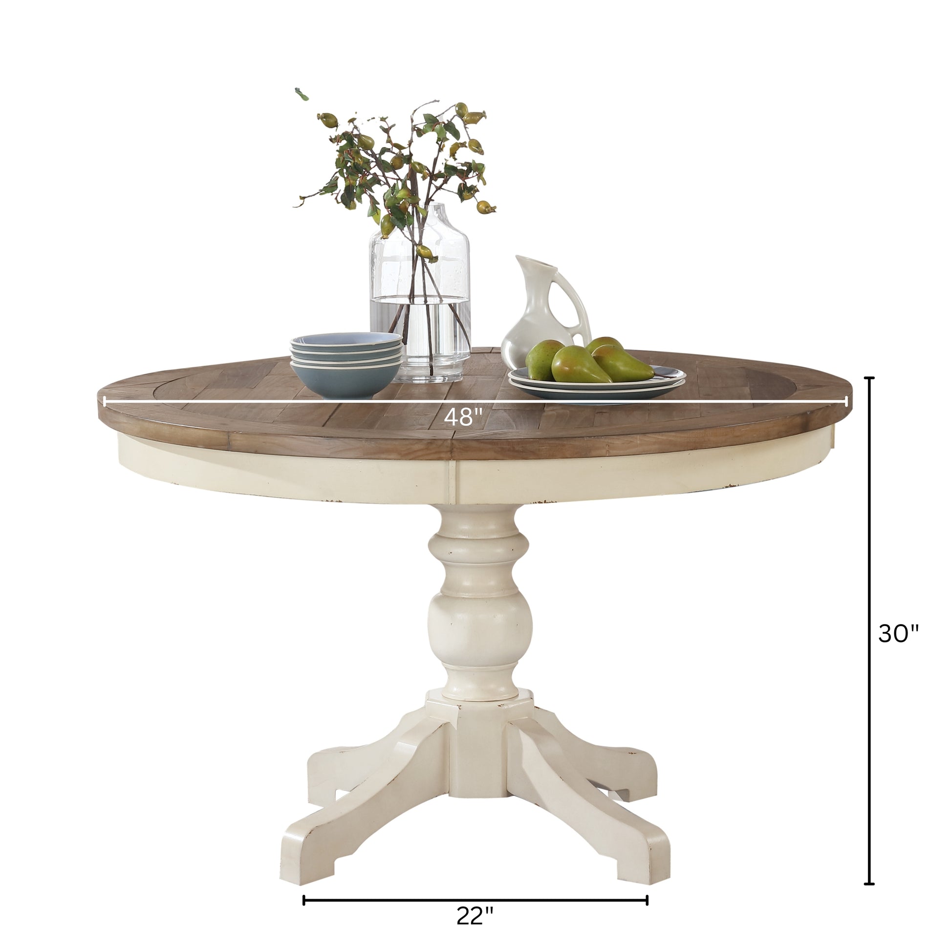 Prato Round Antique White and Distressed Oak Two-tone Finish Wood Dining Table image 5