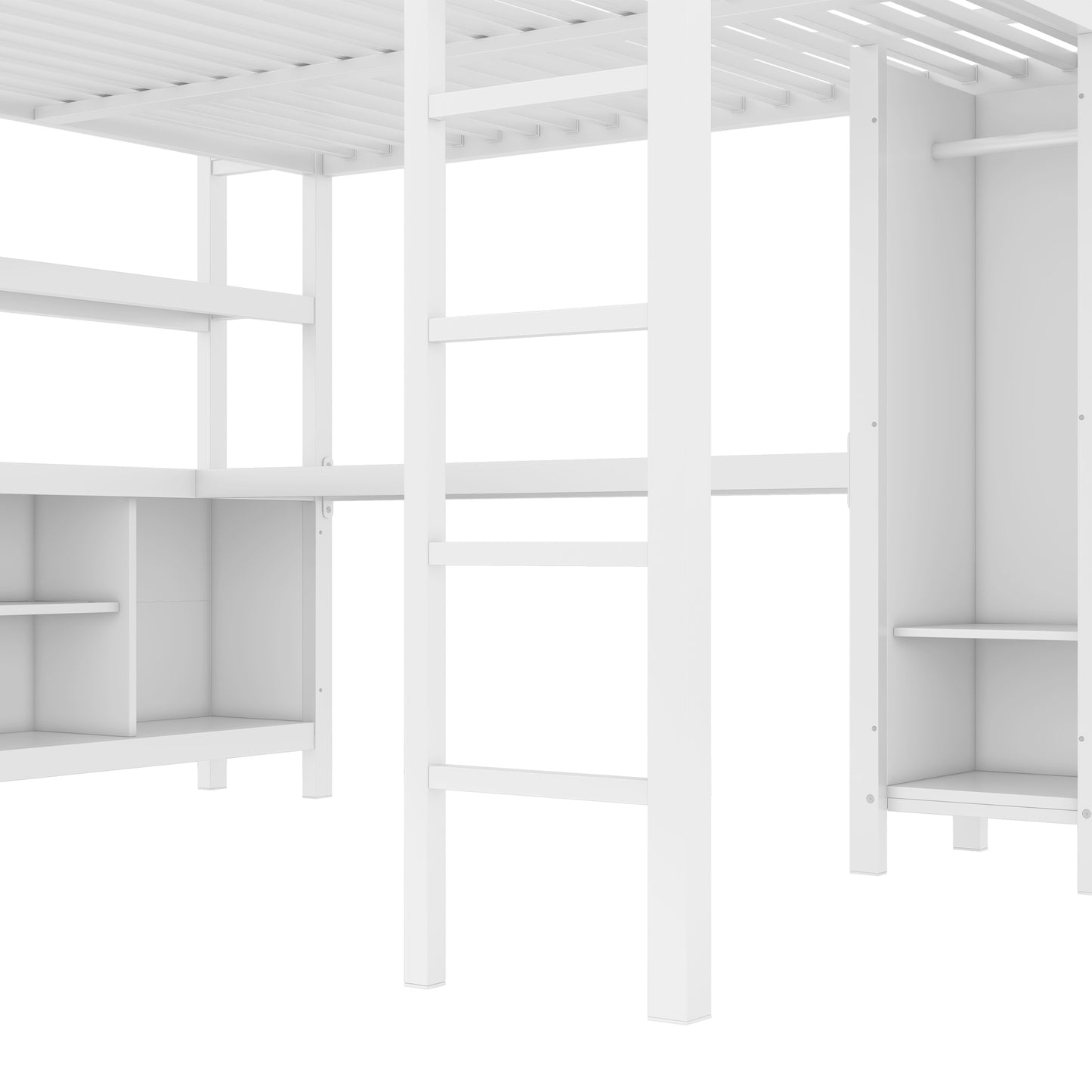Metal Loft Bed with Wardrobe And L-shaped Desk, Queen Size Loft Bed with Storage Cubes and Shelves, Heavy Duty Loft Bed for Kids Teens Adults, White image 8
