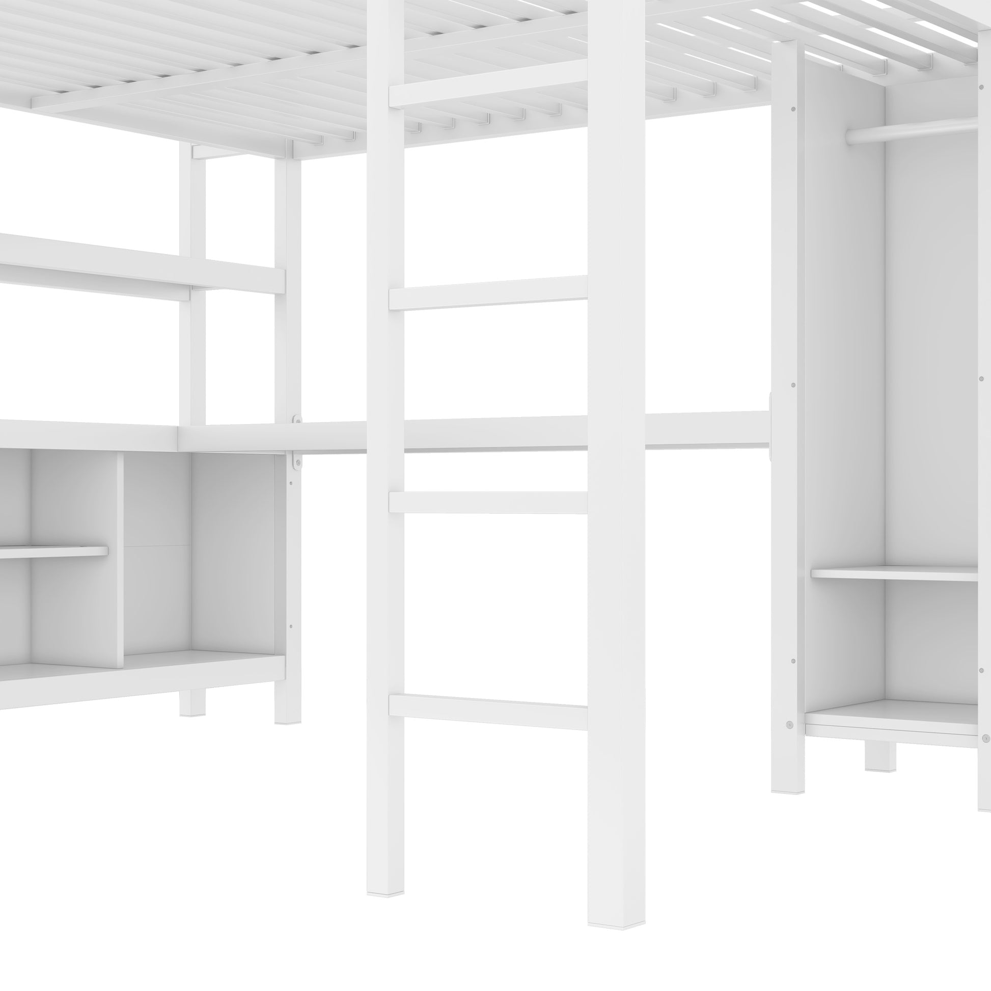 Metal Loft Bed with Wardrobe And L-shaped Desk, Queen Size Loft Bed with Storage Cubes and Shelves, Heavy Duty Loft Bed for Kids Teens Adults, White image 8