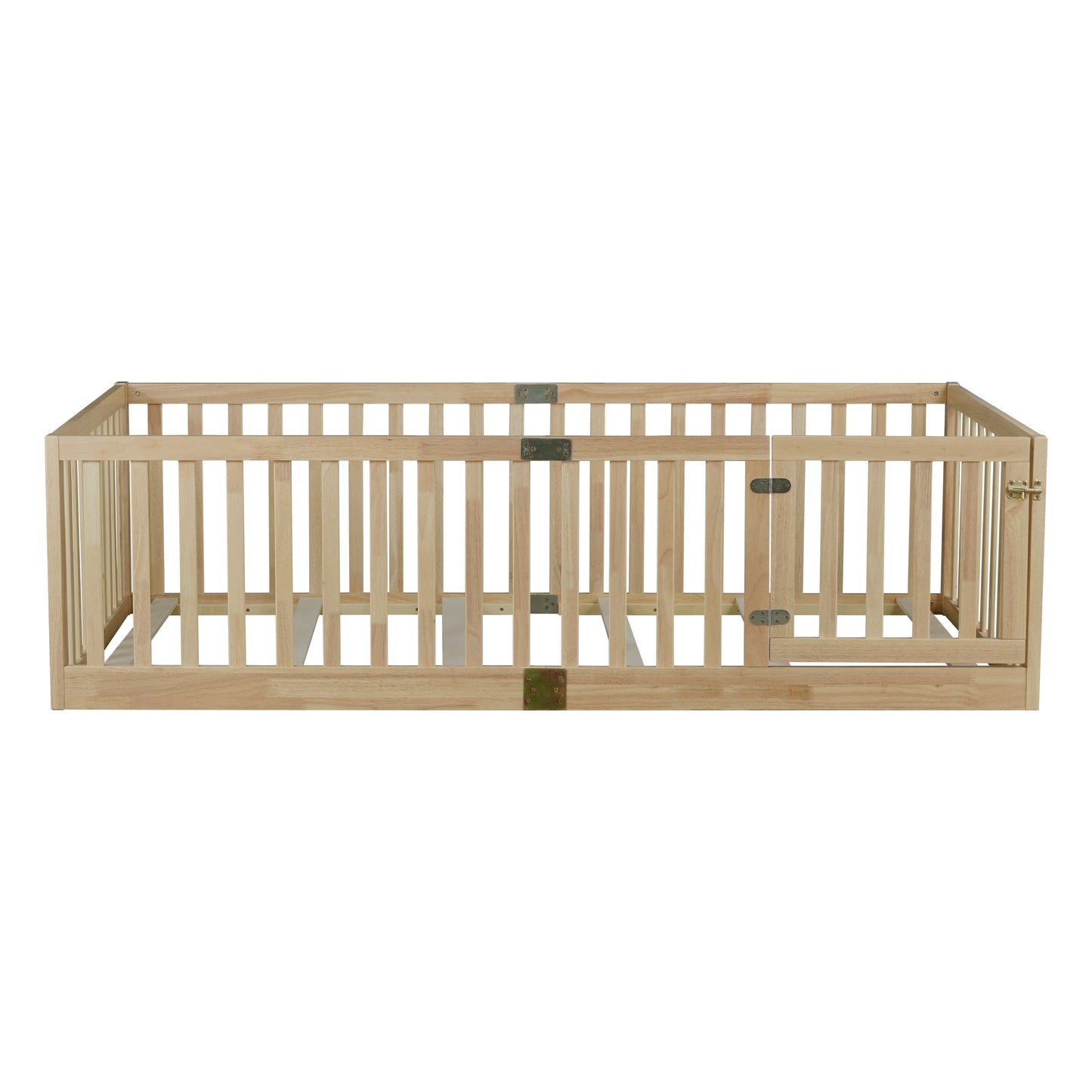 Twin Size Floor Bed with High Fence Railings, with Door, Rubber Wood Floor Bed with Safety Guardrails,Natural image 9