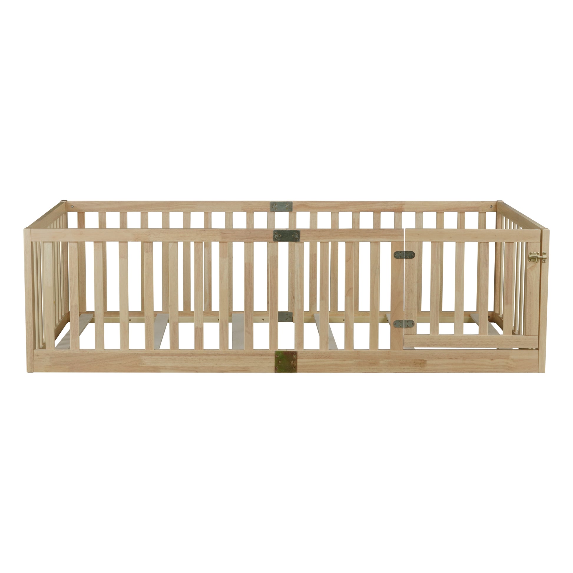 Twin Size Floor Bed with High Fence Railings, with Door, Rubber Wood Floor Bed with Safety Guardrails,Natural image 9