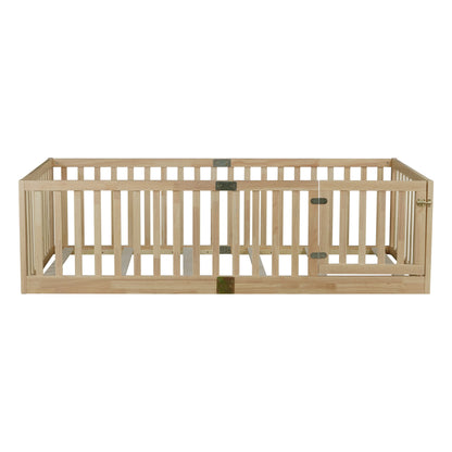 Twin Size Floor Bed with High Fence Railings, with Door, Rubber Wood Floor Bed with Safety Guardrails,Natural image 9