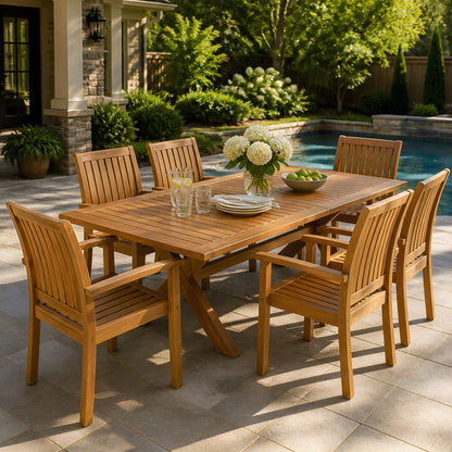 7 Pieces Acacia Wood Outdoor Dining Set s,Modern 6 Chairs 1 Large Table,Dining Furniture Set for Lawn, Backyard, Garden Deck,Poolside,Teak image 3