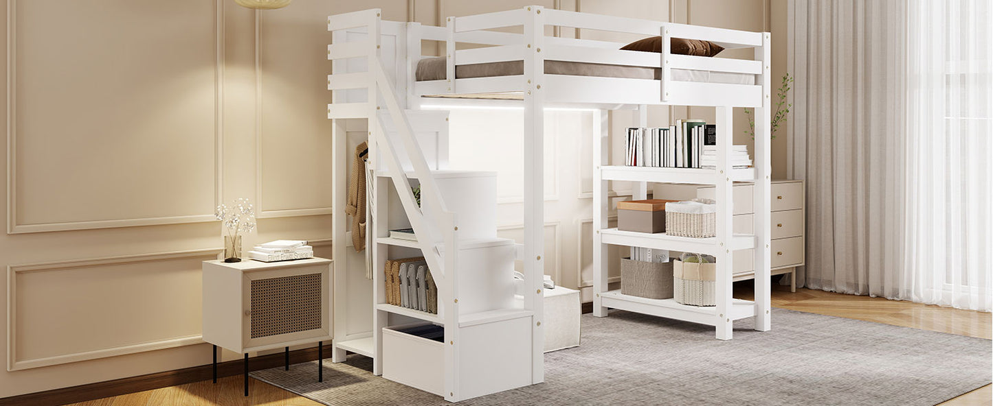 Twin Size Loft Bed with Shelves, Storage Staircase, Small Wardrobe and White LED Light, White image 9
