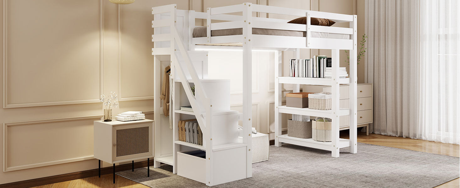 Twin Size Loft Bed with Shelves, Storage Staircase, Small Wardrobe and White LED Light, White image 9