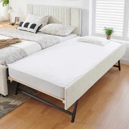 Queen Size Vertical Channel Tufted Headboard & Nailhead Trim Space Saving Upholstered Bed, Multi-functional Design with 2 Storage Drawers and Pull-out Trundle Bed, Chenille image 8