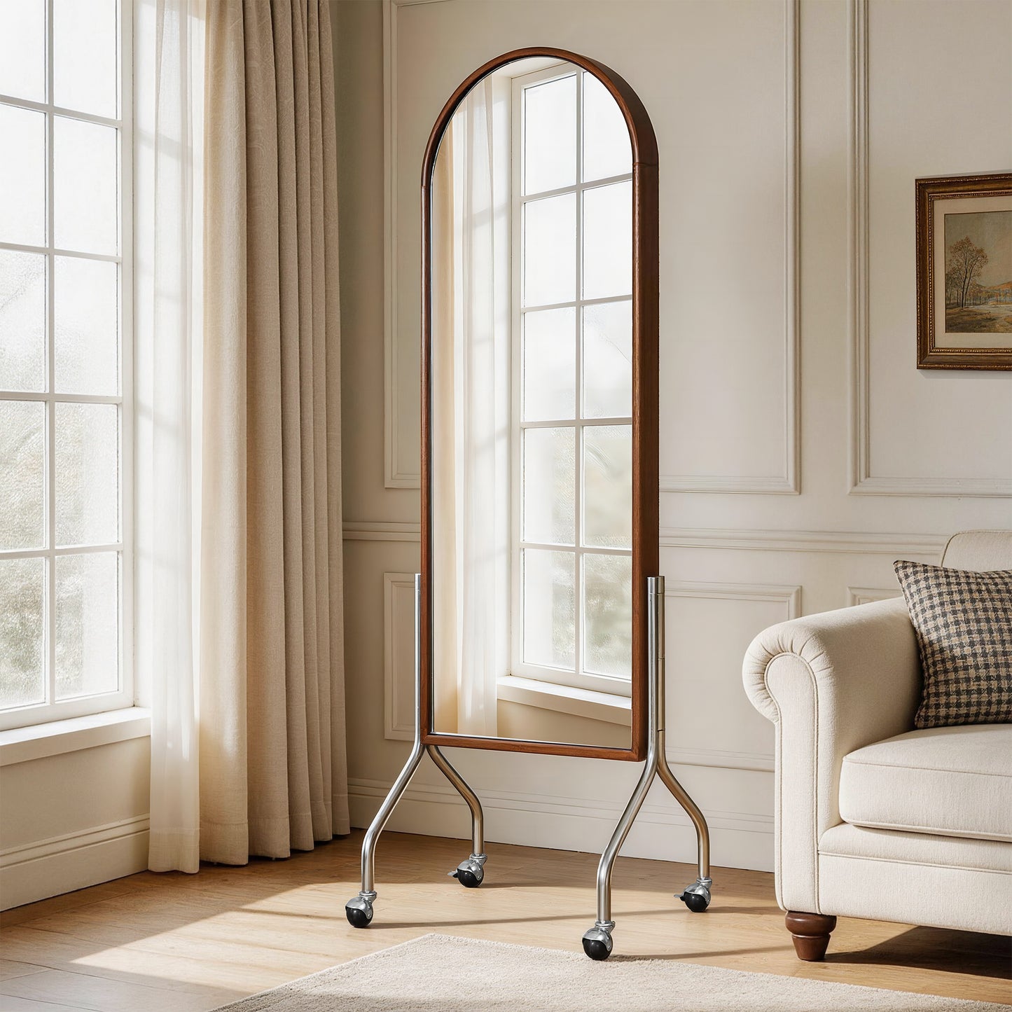 Arched Full Length Mirror with Storage Shelves & Wheels, Rubber Wood Frame Floor Mirror, Freestanding Rolling Mirror with Cart, 2-in-1 Dressing Mirror & Bookcase for Bedroom Living Room image 10