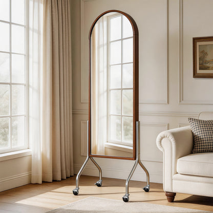 Arched Full Length Mirror with Storage Shelves & Wheels, Rubber Wood Frame Floor Mirror, Freestanding Rolling Mirror with Cart, 2-in-1 Dressing Mirror & Bookcase for Bedroom Living Room image 10