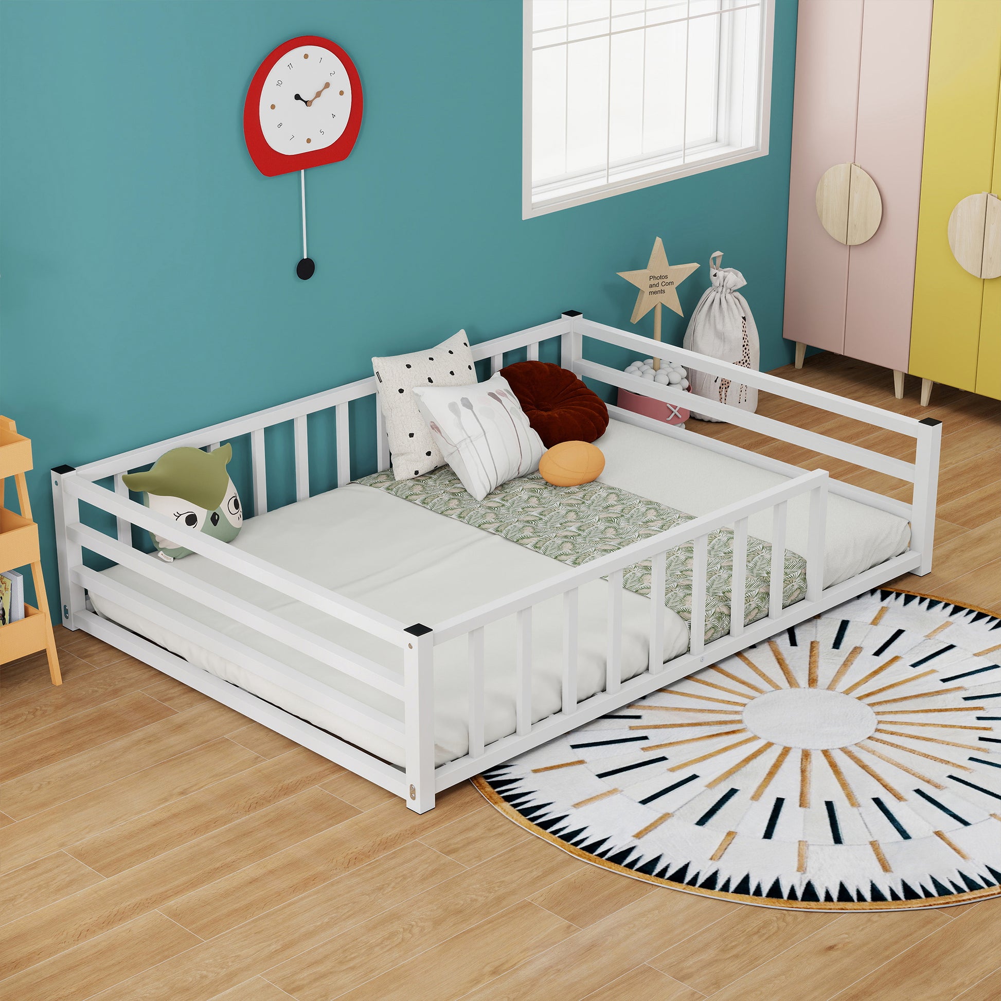 Full Size Floor Bed, Low Profile Metal Platform with Heavy Duty Guardrails, No Box Spring Needed, White image 3
