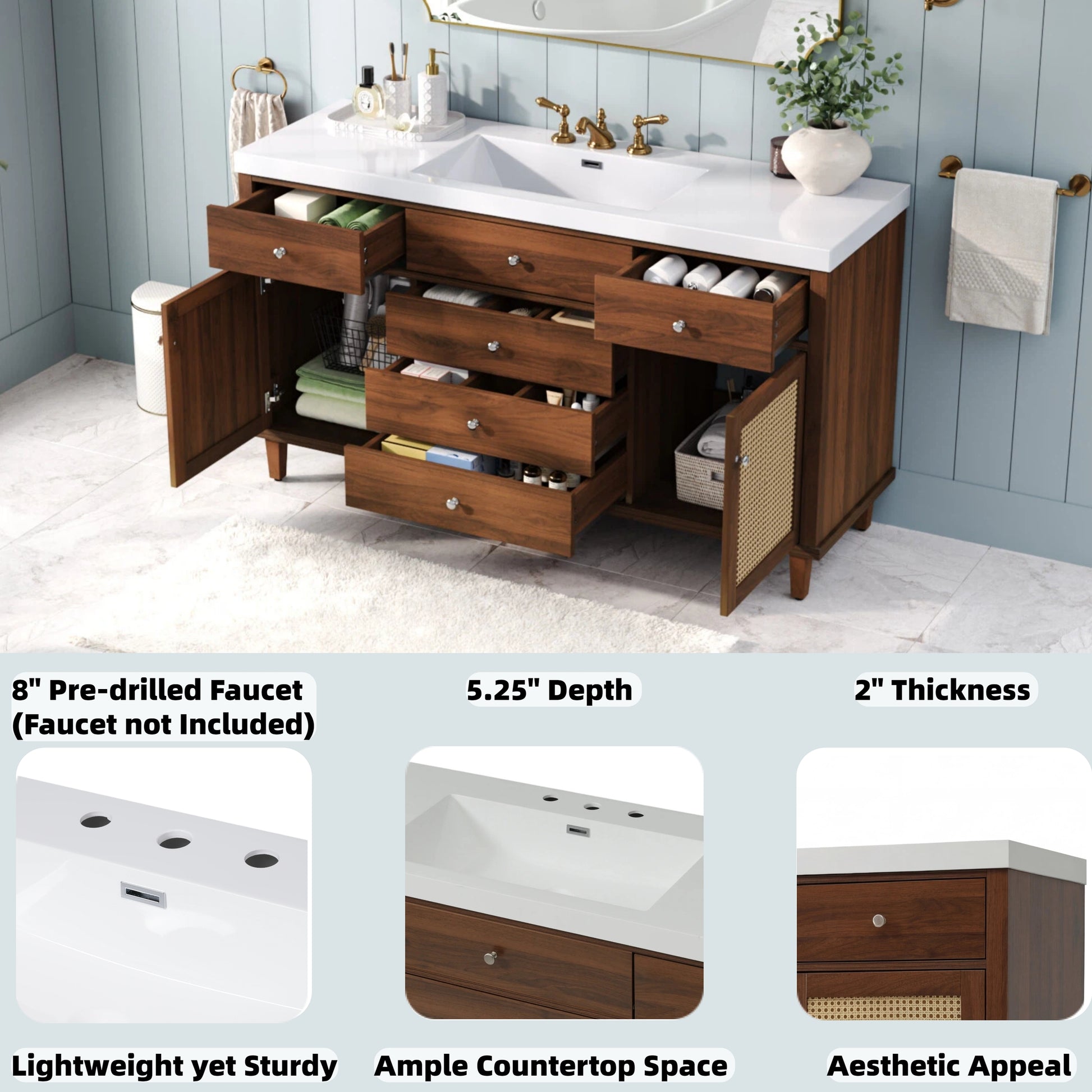 60" Bathroom Vanity with SMC Sink, Modern Large Storage Bathroom Storage Cabinet with Soft Close Drawers and Rattan Doors, Silver Metal Knobs and 5 Pine Legs, Brown image 8