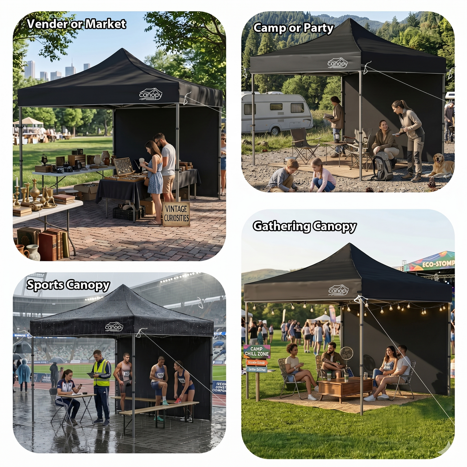10x10 Pop Up Canopy Tent w/ 1 Sidewall, Black Speckled Steel Frame, Black Silver-Coated Top UPF50+ Water-Resistant, 4 Adjustable Heights (6.7-7.6 ft) Includes Sandbags Stakes Ropes Carry Bag for Beach image 2