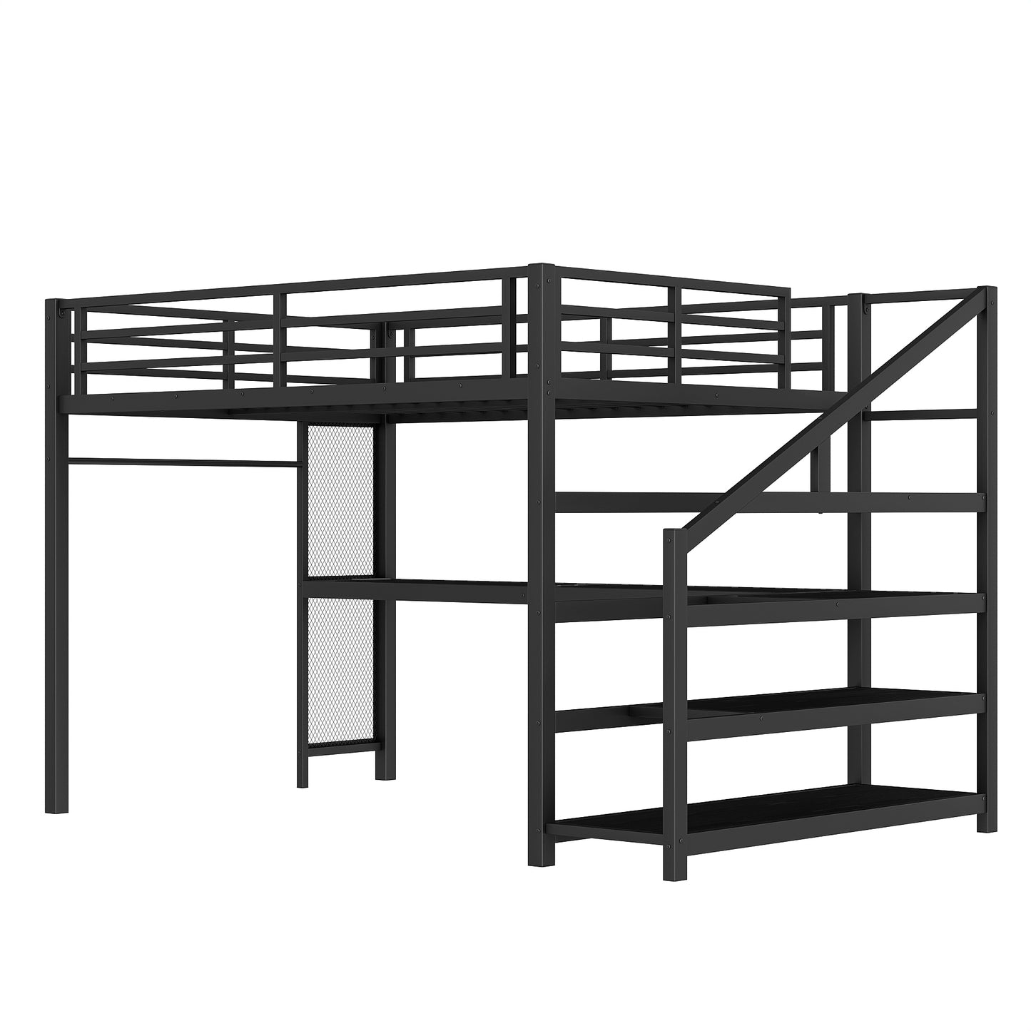 Queen Loft Bed with Desk and Storage Stairs, Metal Loft Beds with LED Lights, USB Ports, Multifunctional Iron Nets, No Spring Box Needed and Noise-free, Black image 12