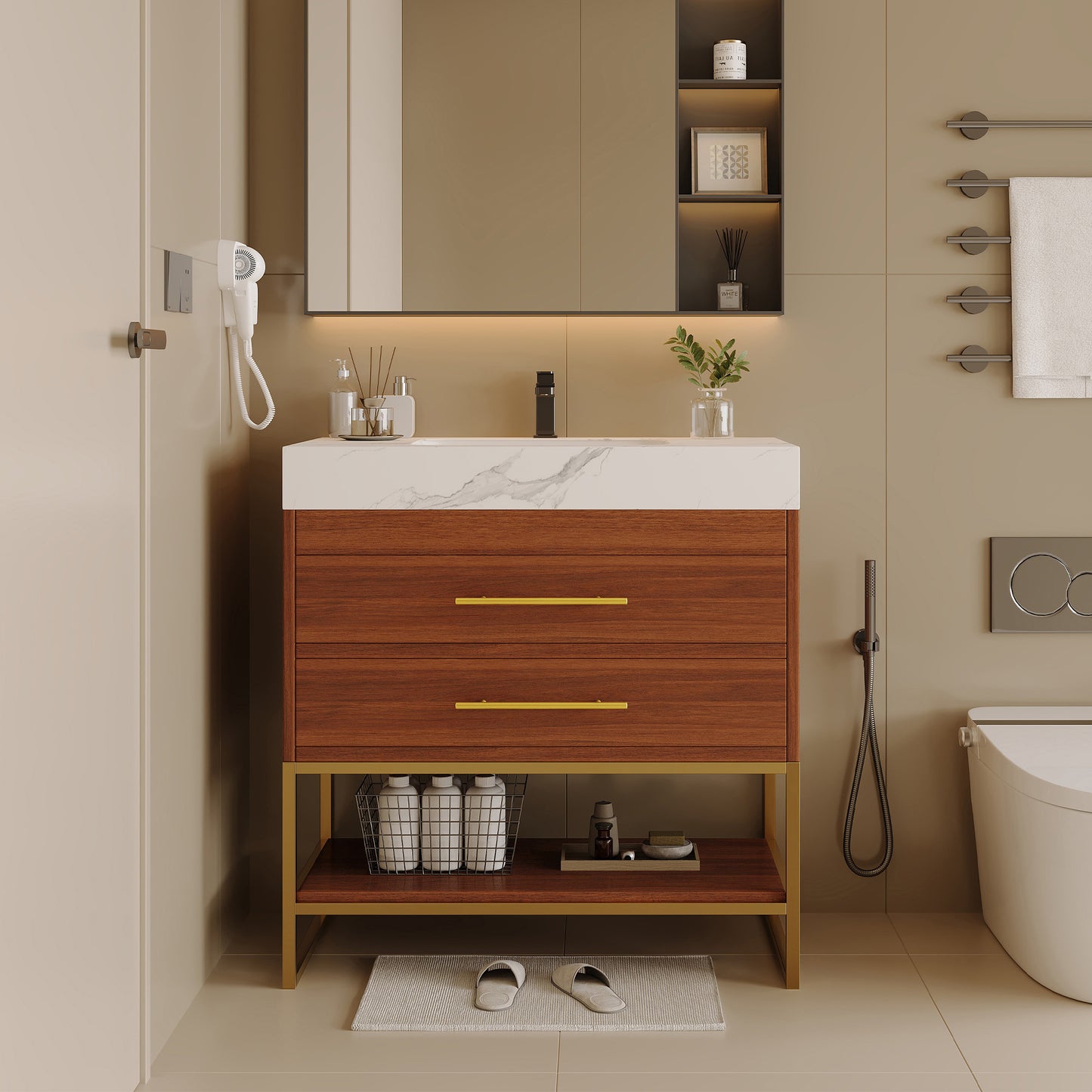 29.9" Modern Free-standing Bathroom Vanity with Sintered Stone Top Ceramic Undermount Sink & Bottom Shelf for Small Bathrooms, Apartment image 2