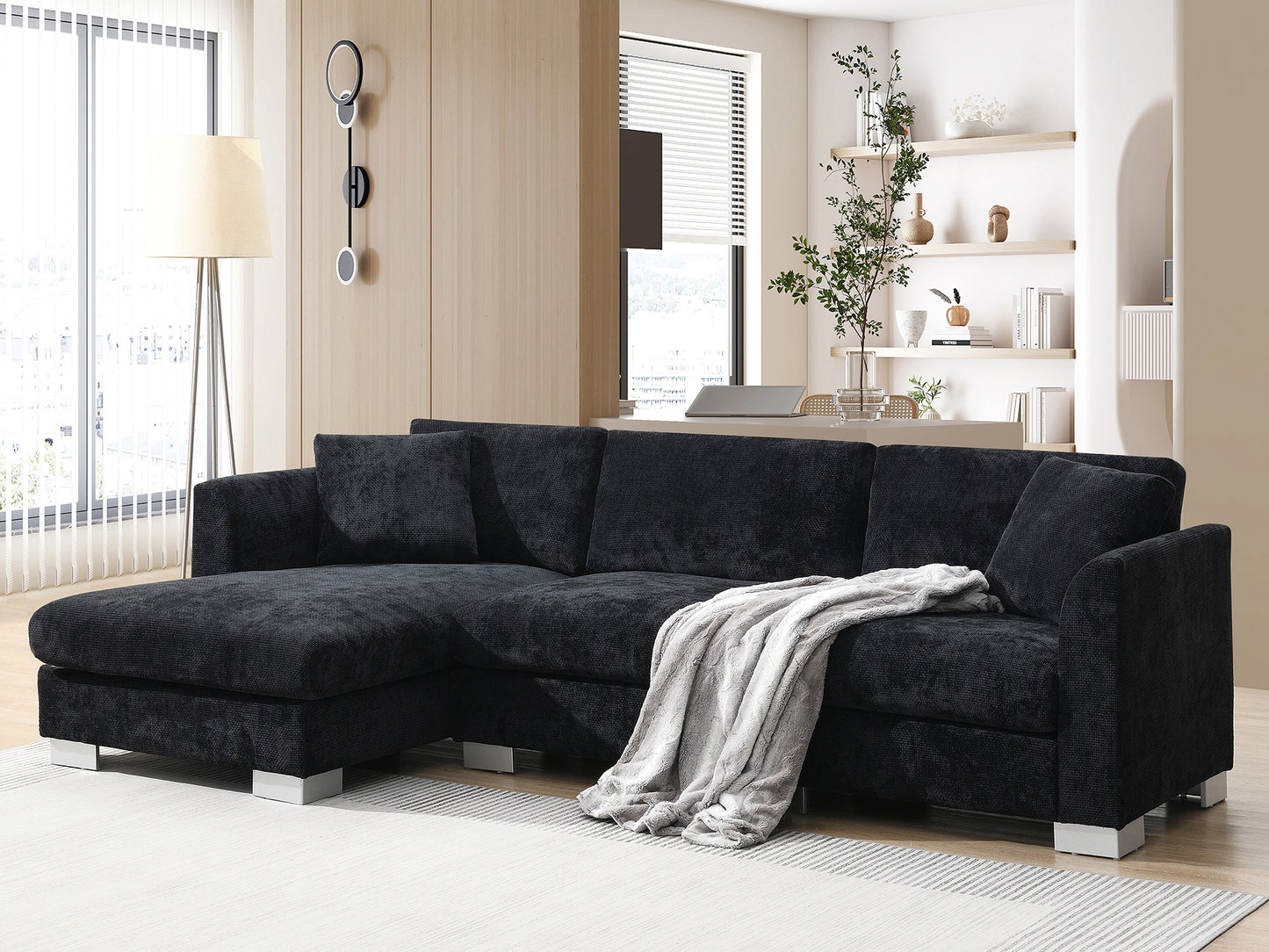 [NEW SKU of N723S6037B]96" Modern Cloud Sectional Sofa, L-shaped Luxury Couch Set with 2 Free pillows, 4-seat Chenille Indoor Furniture with Oversized Chaise for Living Room, Apartment, Office image 2