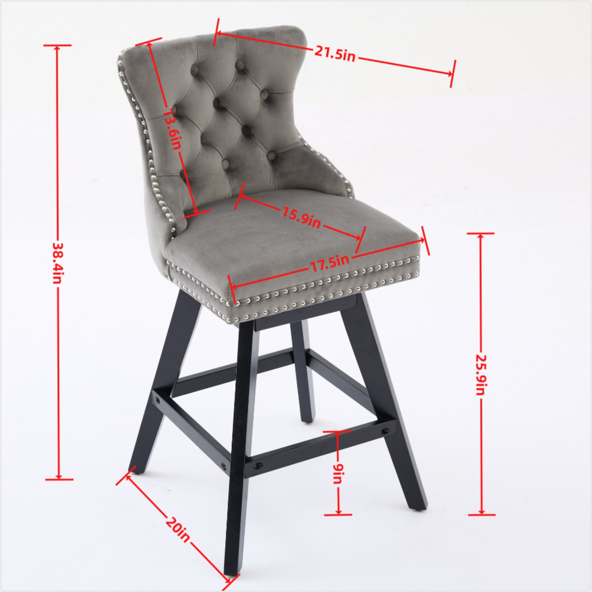 Swivel Velvet Barstools with Button Tufted Decoration and Wooden Legs, and Chrome Nailhead Trim, Leisure Style Bar Chairs,Bar stools, Set of 2 (Black),SW1860BK image 8