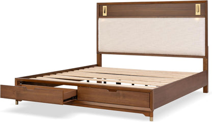 Mid-Century Modern 1pc Eastern King Size Bed w Storage Drawers Walnut Solid wood Upholstered HB Reading Light Bedroom Furniture image 4