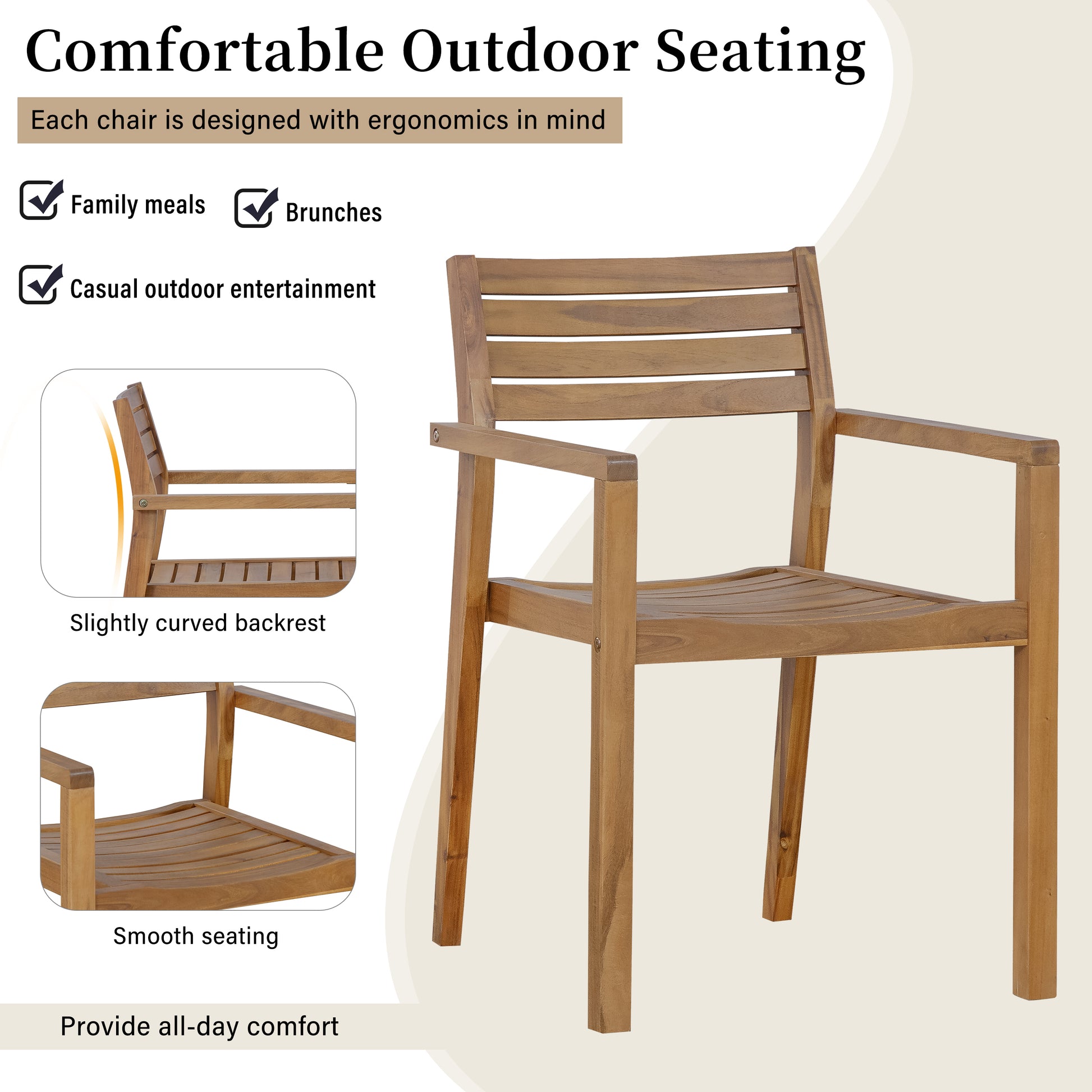 U_STYLE 5-Piece Outdoor Acacia Wood Outdoor Dining Set of 4,59.06-Inch Rectangular Table with Umbrella Hole,Suitable for Patio, Lawn, Garden, Poolside, & Indoor Use image 5