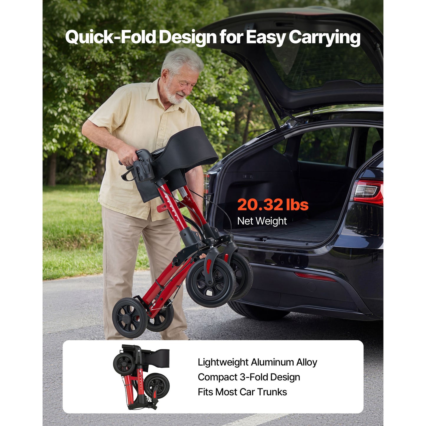 Rollator Walker with Seat for Seniors, Ultra Compact 3-Fold Rolling Walker, Lightweight Aluminum Mobility Walking Aid with PU Solid Wheels, Adjustable Handle, Cup & Cane Holder - Supports 300LBS image 5