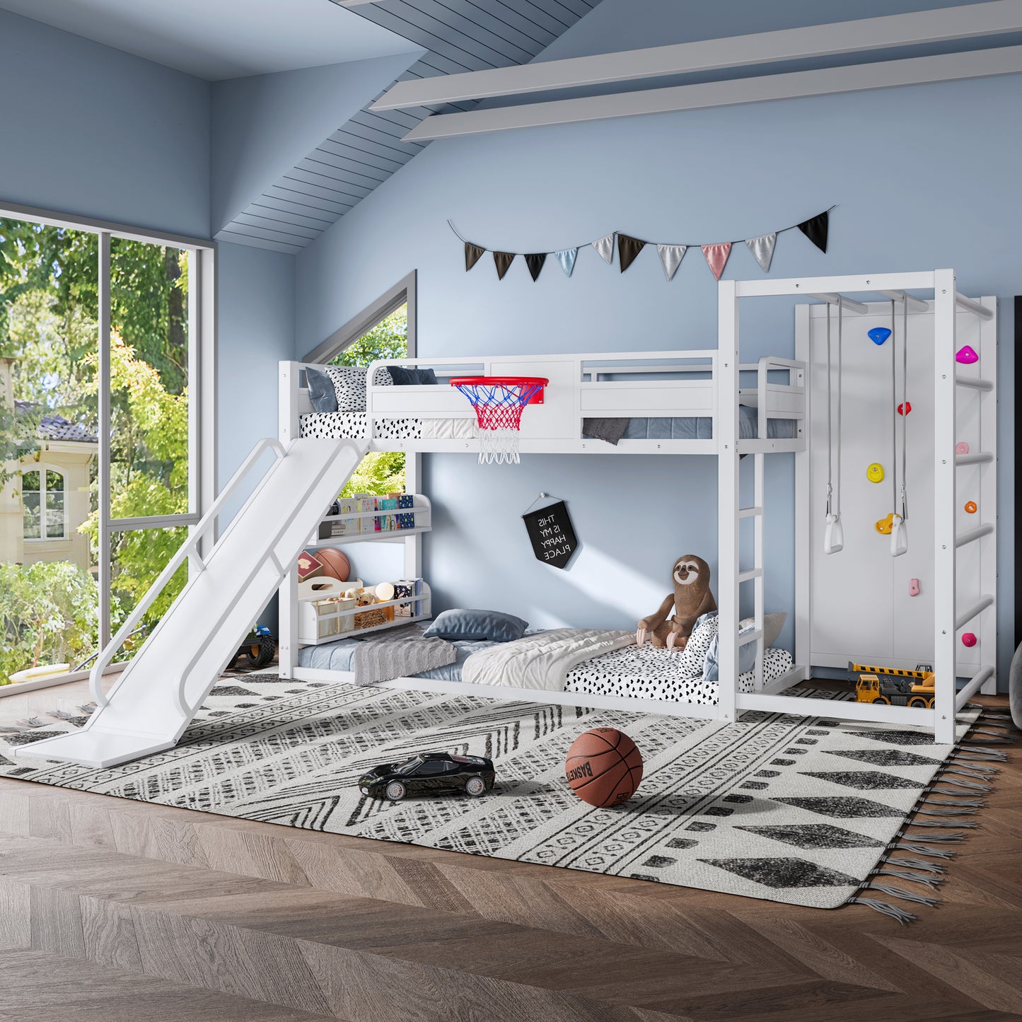 Twin size metal loft/bunk bed with basketball hoop, pull-up rings, climbing wall, and built-in bookshelves. Playful children's design featuring a slide,White image 2