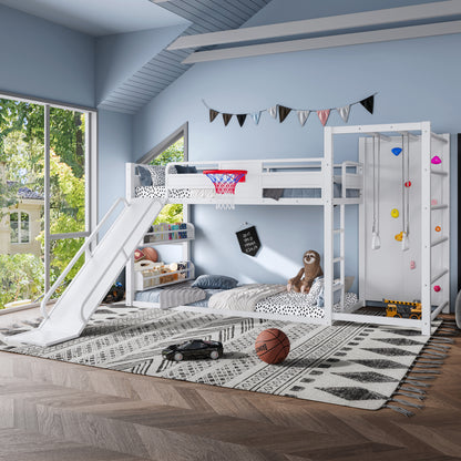 Twin size metal loft/bunk bed with basketball hoop, pull-up rings, climbing wall, and built-in bookshelves. Playful children's design featuring a slide,White image 2