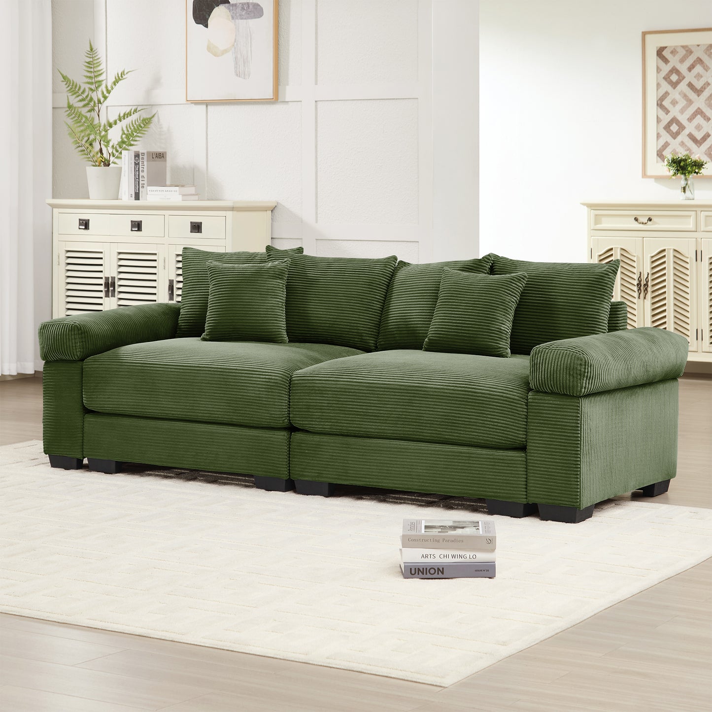 92" Oversized Cloud Modular Sectional Couch,Corduroy Fabric Extra-Wide Armrests Throw Pillows Ergonomic Design High Resilience Cushion Easy Assembly,For Living Rooms Bedrooms,Green image 2