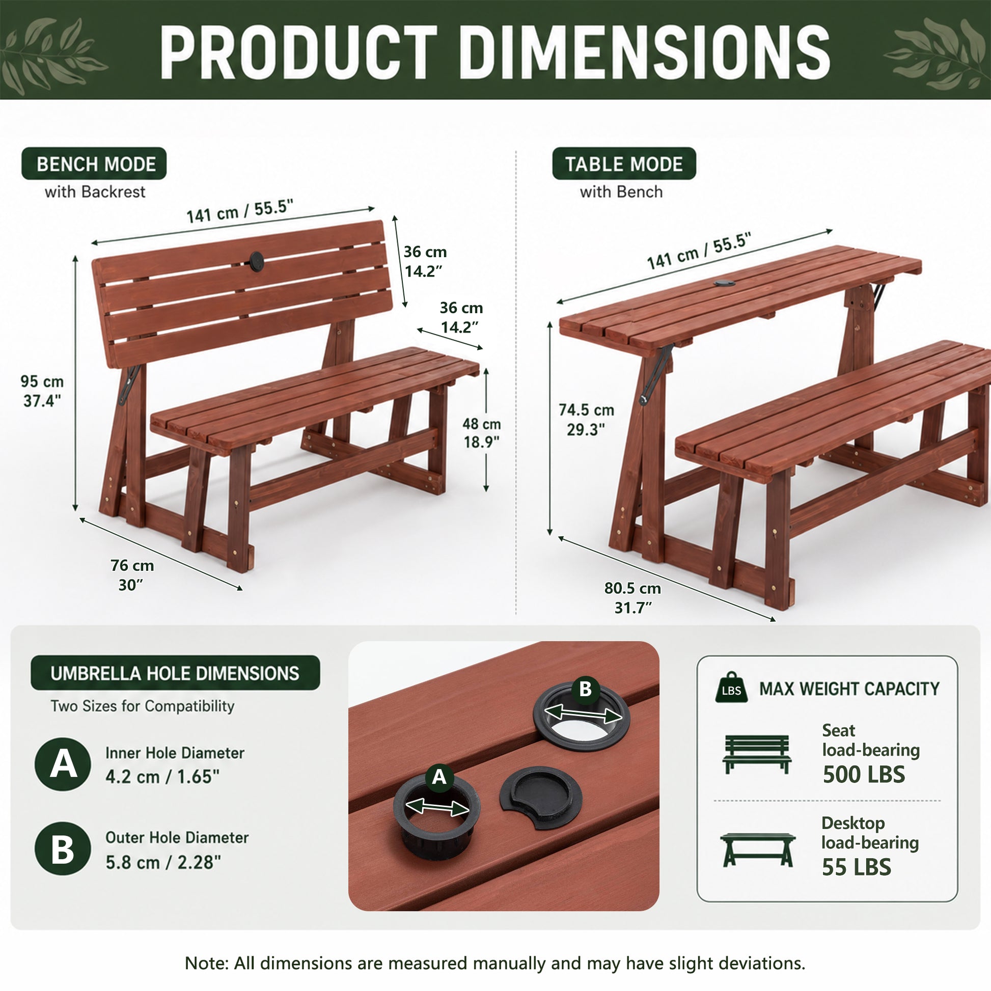 2-in-1 Convertible Bench Picnic Table, Outdoor Folding Dining Set with Backrest & Umbrella Hole, Solid Wood Waterproof & UV Resistant – For Backyard, Patio, Garden, Park Walkway image 2