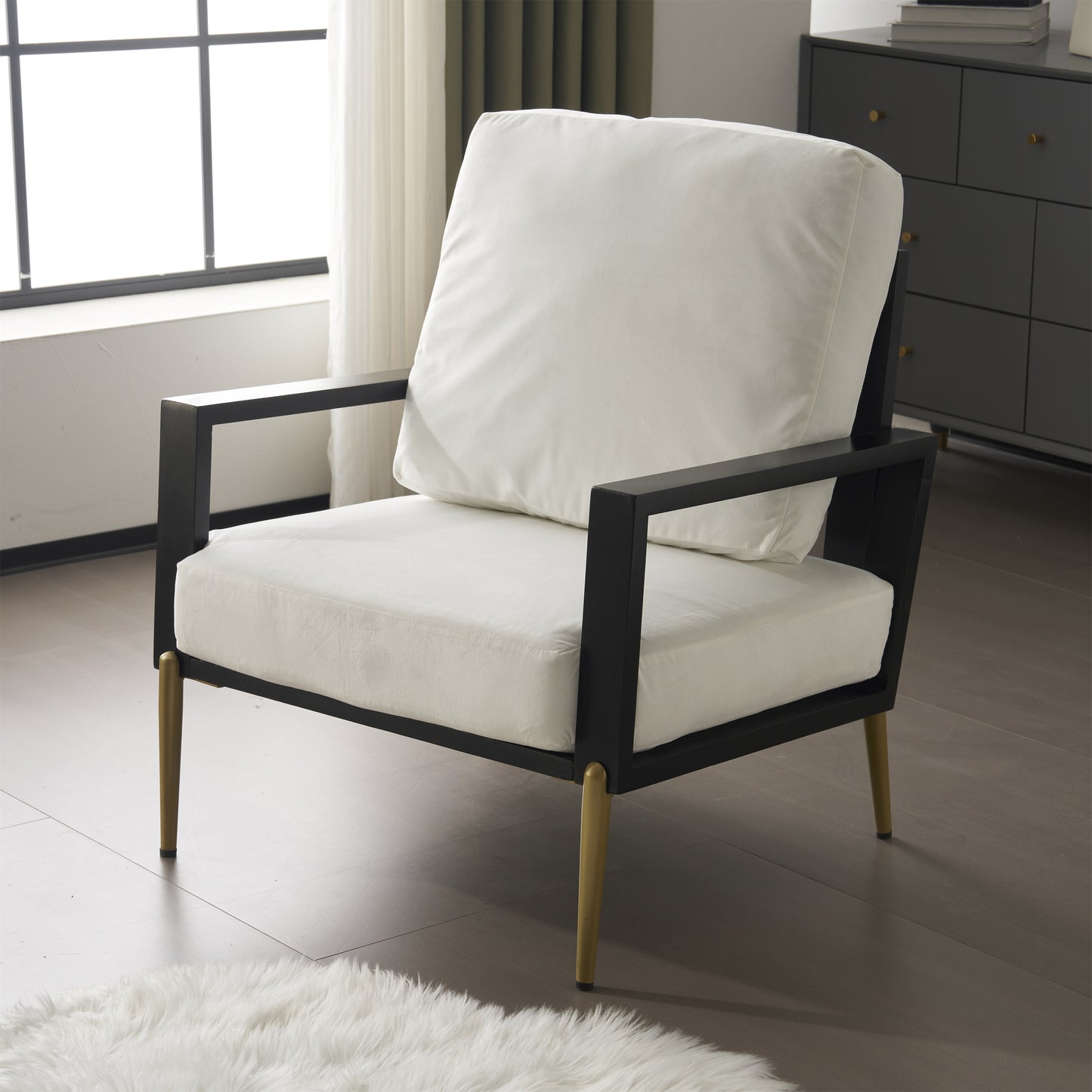 Upholstered Accent Chair, Velvet Lounge Arm Chair with Solid Wood Frame, Living Room Chairs with Metal Legs for Reading Chair for Balcony, Living Room and Bedroom, White image 10
