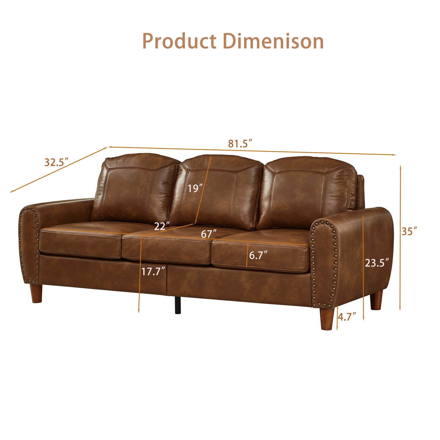 81.5" Classic Living Room Sofa Faux Leather Couch,Rolled Arm Sofa with Nails,Solid Wood Legs,Upholstered Breathable PU Leather Brown. image 11