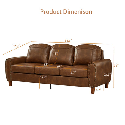 81.5" Classic Living Room Sofa Faux Leather Couch,Rolled Arm Sofa with Nails,Solid Wood Legs,Upholstered Breathable PU Leather Brown. image 11